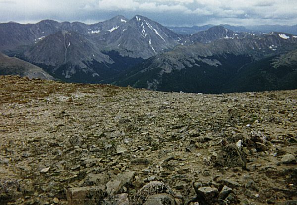Grays and Torreys Peaks (center) and Grizzly Peak (center right) as seen from the summit of Bard Peak.