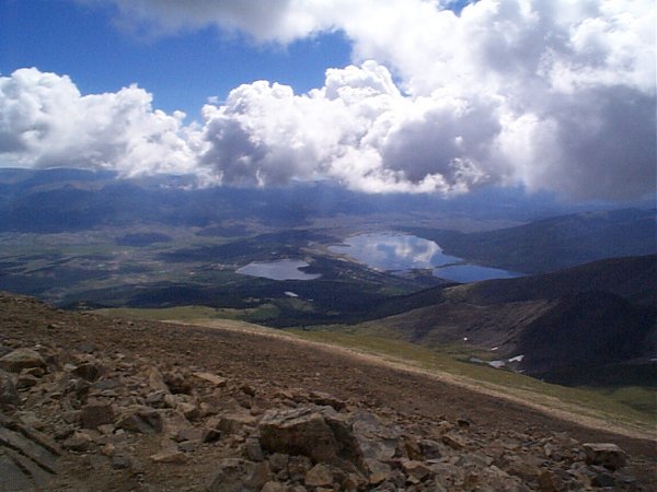 Clouds reflected in Twin Lakes (as viewed from the summit).