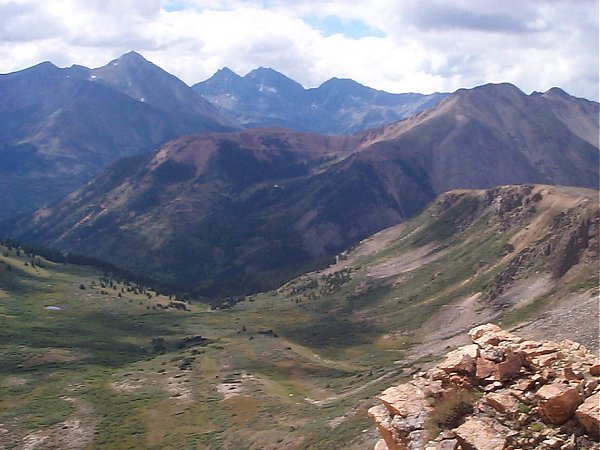 From left to right, Brown's Peak (13,523 feet), Huron Peak (14,003 feet) and the Three Apostles.  Winfield Peak (13,077 feet) and Virginia Peak (13,088 feet) are one valley closer on the right.