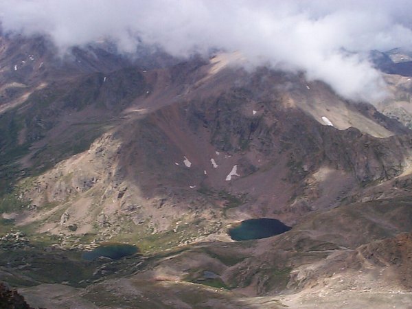Looking west-southwest down on North Halfmoon Lakes from the summit of Mount Massive.