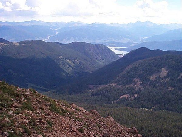 Dillon Reservoir (center), I-70 (left), and the Tenmile Creek Valley below - looking northeast from the summit of Uneva Peak.