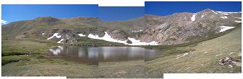 Gibson Lake - this is not a true panoramic image but rather three photos attempting to create the feel of being surrounded by the mountains.  You can mouseover the image to see my path from the lake up to the summit of Whale Peak.