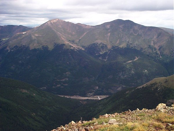 My route up the ridge to the summit of Bard Peak (right) as seen from Kelso Mountain.  Mount Parnassus is on the left.