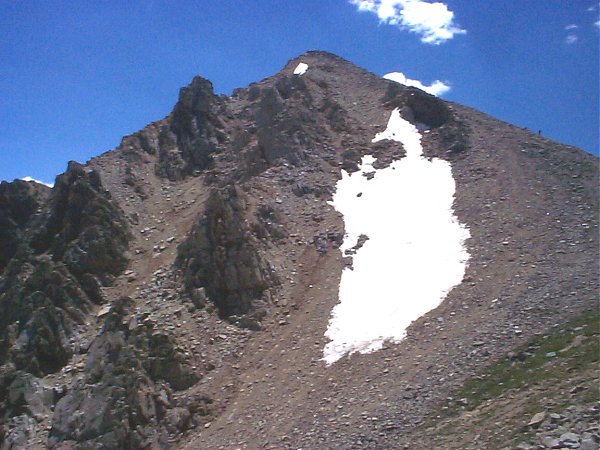 Crags just out off-trail as you approach the last 500 feet of vertical to the summit of Huron Peak.  If you click through to the larger image you can see hikers silhouetted over the sky along the ridge to the right.