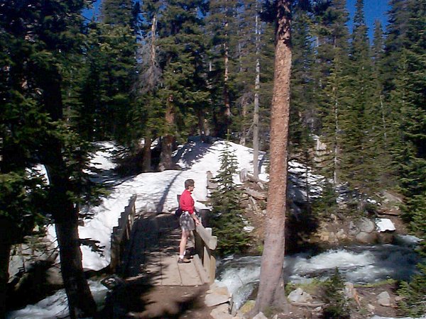 Kaye watching the water go by.  Note that the trail on the far side of the bridge is completely covered with snow.