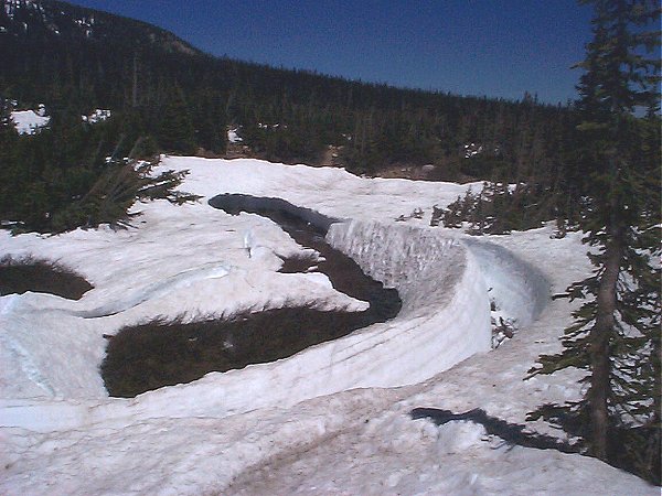 Mitchell Creek erroded this snow bank to the point of collapse.