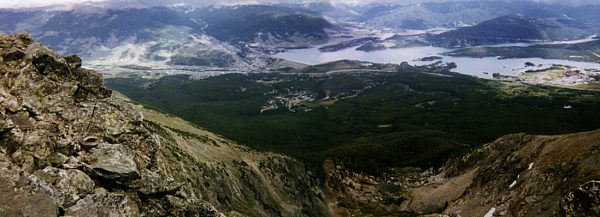 Looking down on the towns of Frisco (right), Dillon / Silverthorne (left) and Dillon Reservoir.