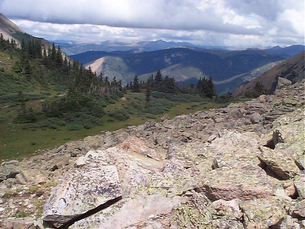 The view back down the valley (looking off to the northeast) with the Gore Range (???) on the horizon.