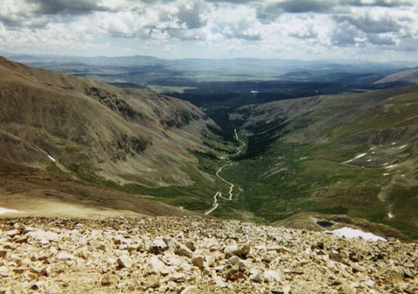 The view downvalley from the summit of Mount Democrat.