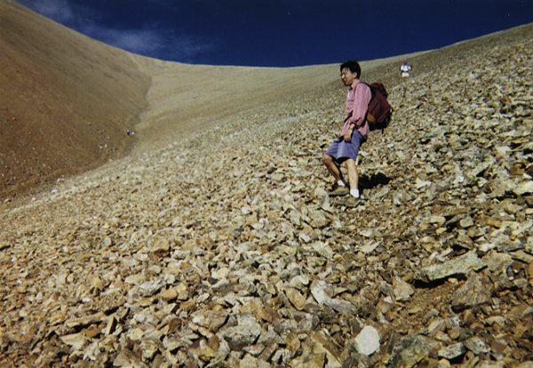 Anh coming down from Mount Bross with Bernie following.  Dan and Michelle are the two specs in the gully.