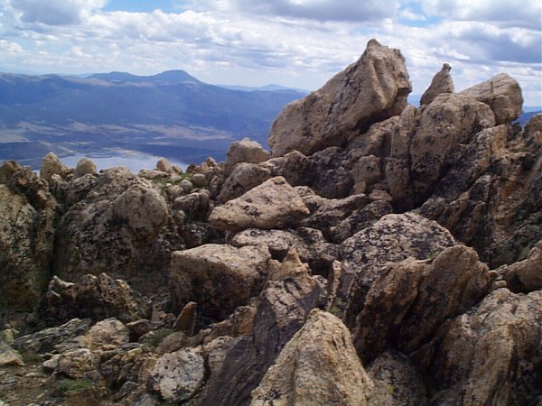 Looking down on Twin Lakes from behind some rocks