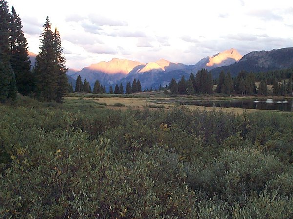 From left to right, Kendall Mountain? (13,066 feet) and Whitehead Peak? ( 13,259 feet ) also at sunset the night before our hike.