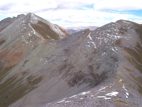 That's Sultan Mountain (13,368 feet) on the left and Grand Turk (13,160 feet) on the right.  We crossed the saddle shown in this photo to get to the summit.