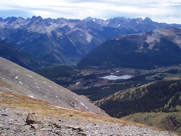 To the south-southeast was a great view of Molas Lake (not little Molas Lake) and the Needle Mountains.