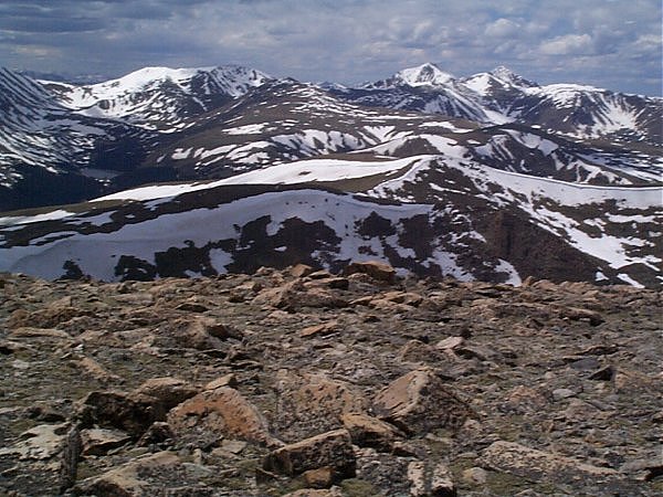The long circuitious traverse (center left) to/from the summit of Gray Wolf Mountain.