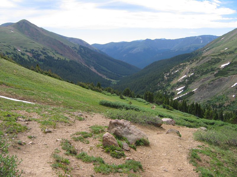 Just over three miles in to the hike you've reached the last of the steeps.  This image looks back down on hikers making the final push up the trail.