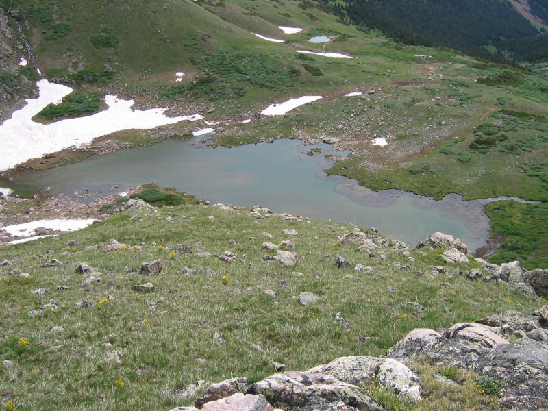 From this vantage point near 12,350 feet elevation, one can easily look down on Hager Lake.