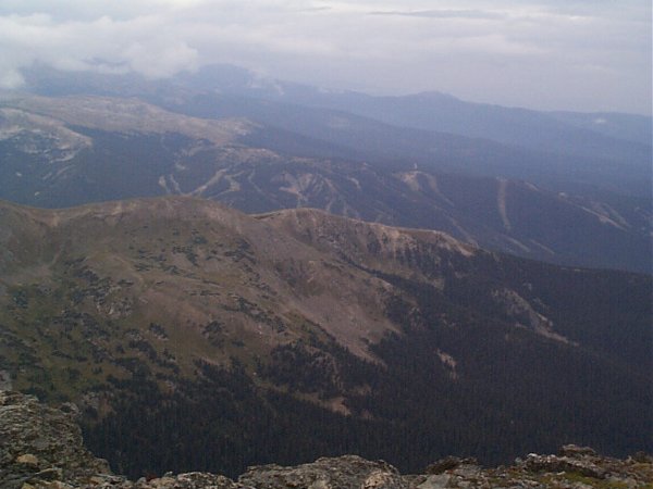 Winter Park and Mary Jane ski areas as seen by looking northwest from the summit of James Peak.