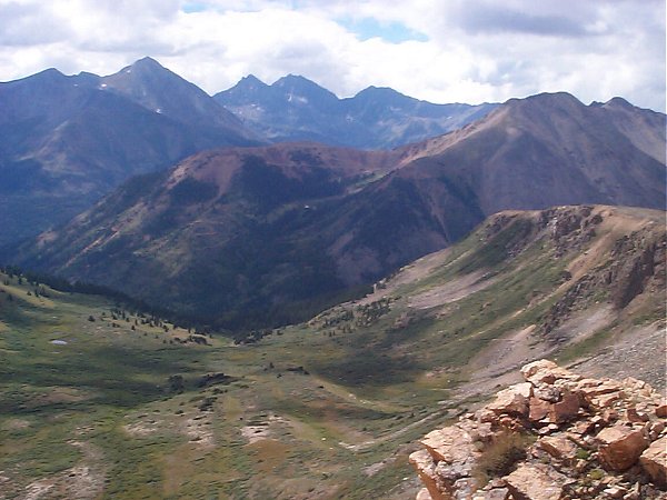 From left to right, Brown's Peak (13,523 feet), Huron Peak (14,003 feet) and the Three Apostles.  Winfield Peak (13,077 feet) and Virginia Peak (13,088 feet) are one valley closer on the right.