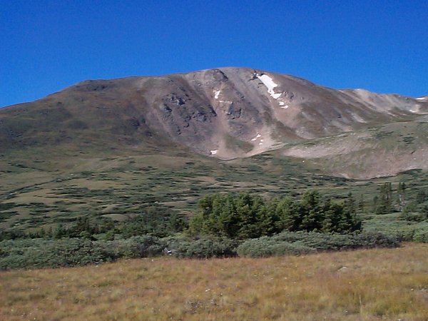 These three photos make up the approach to Mount Massive about 3-3/4 miles into the hike.  The highest of Massive's many summits is visible (center-left) in the photo on the right.