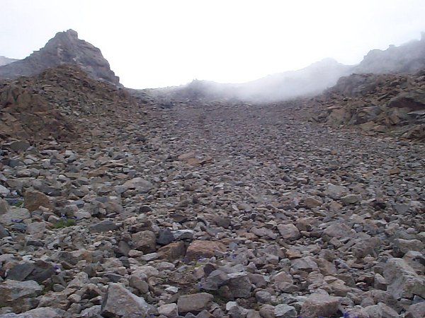 About half way down the couloir, I took a break to remove the gravel from my hiking boots.  That's when I took this photo looking back up to where I had just come down.