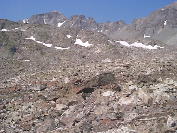 Looking west-southwest, the valley opens up into an expanse of rock - fortunately, the way to Pacific Peak west-northwest instead!  Quandary Peak (not visible) is just to the left of this photo.