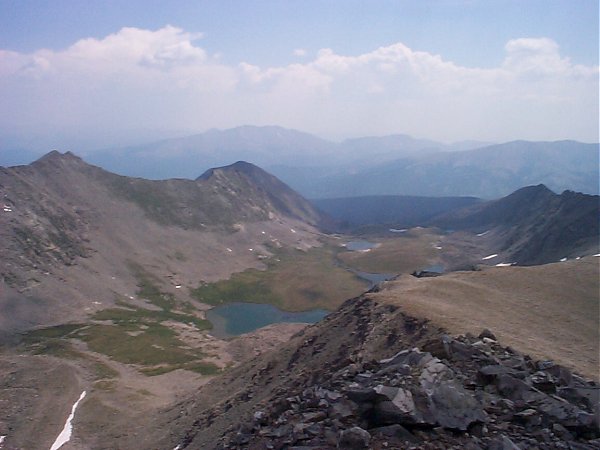 Looking east, the haze in the sky in this photo comes from the wild fires burning throughout the Western US.  These lakes are called Mohawk Lakes and are located one valley north of the route taken this day.