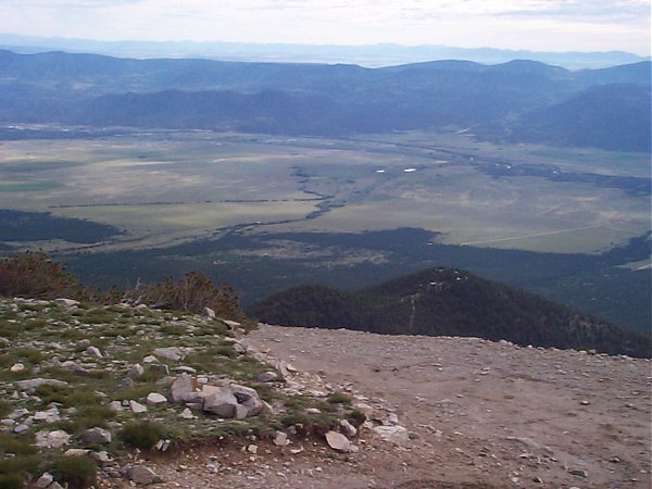 A view of the radio towers (on the hill center-right in the image) and the Arkansas river valley below as seen from the end of the road above Bristlecone Park.