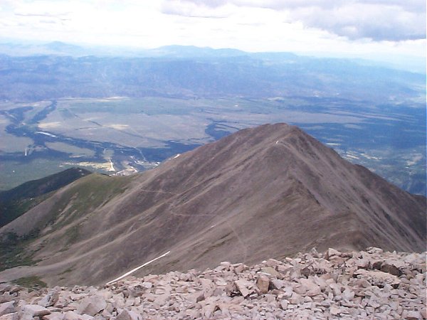 From the summit, looking back towards the sub-peak I had to climb to get to the summit of Mount Princeton.  The trail back down is visible traversing the face of the mountain below.