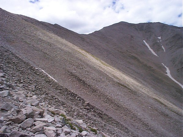 Looking back towards the summit of Mount Princeton from on the grand traverse.