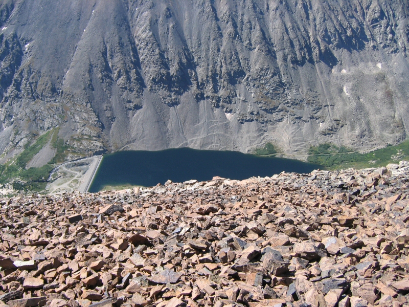 Looking down from the summit to the south you can see the larger of the Blue Lakes along Monte Chriso Creek.