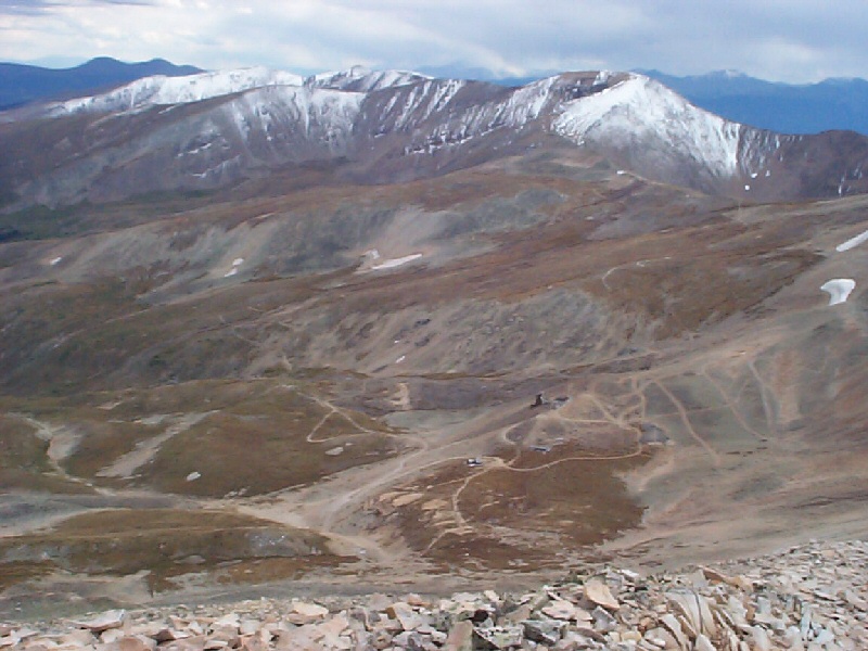 From this same location but looking southeast, you can see the Hilltop Mine, the Dauntless Mine, and the many roads providing access up Fourmile Creek.