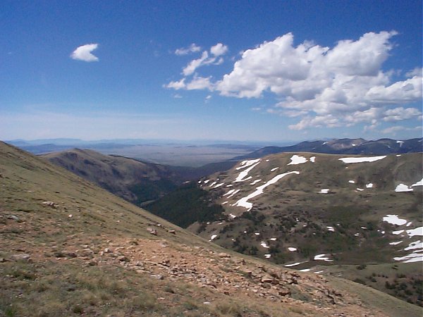 Upon arriving at the saddle on the ridge (marked as "1" in the panoramic mouseover image above) I could see into the next valley to the west which contains the Jefferson Lake Fork of Jefferson Creek.
