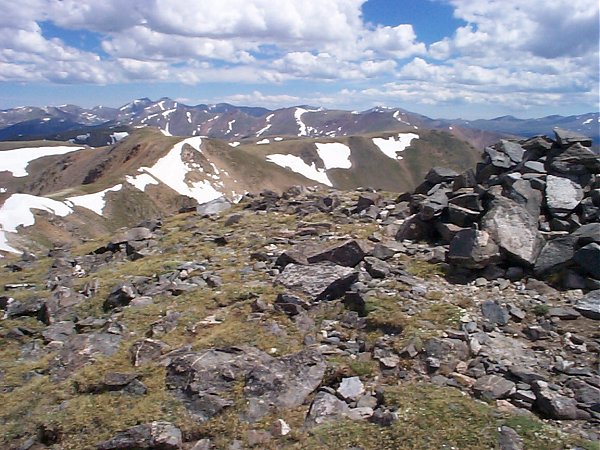 From the summit, looking just east of direct north, Grays and Torreys peaks can be seen just left of center in this photo.