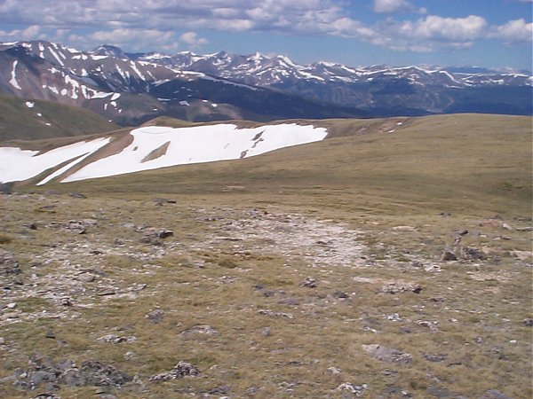 Bald Mountain dominates this photo looking west-southwest.  The the right of Bald Mountain is Quandry Peak and the Tenmile Range.  The Brekenridge ski area is also faintly visible in this photo (center right over the first ridge).