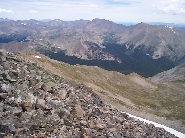 From right to left, Mount Columbia (14,073 feet), Mount Harvard (14,420 feet), Mount Oxford (14,153 feet), Mount Belford (14,197 feet), Missouri Mountain (14,067 feet) and La Plata Peak (14,336 feet) barely visible on the left edge of the shot.