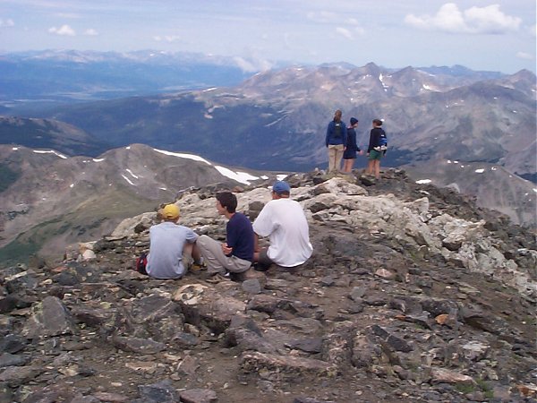 On the summit, the Three Apostles including Ice Mountain (13,951 feet) are shown when looking northwest.  Huron Peak (14,005 feet) is barely visible on the right side of this photo.