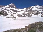 Blue Lake still completely covered with ice.  Note the waterfall on the far side of the lake.