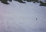 Hikers sliding down the snowfield.