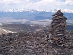 The view west-southwest from the summit includes Mount Elbert (14,433 feet) on the left and Mount Massive (14,421 feet) on the right.