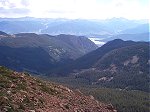Dillon Reservoir (center), I-70 (left), and the Tenmile Creek Valley below - looking northeast from the summit of Uneva Peak.